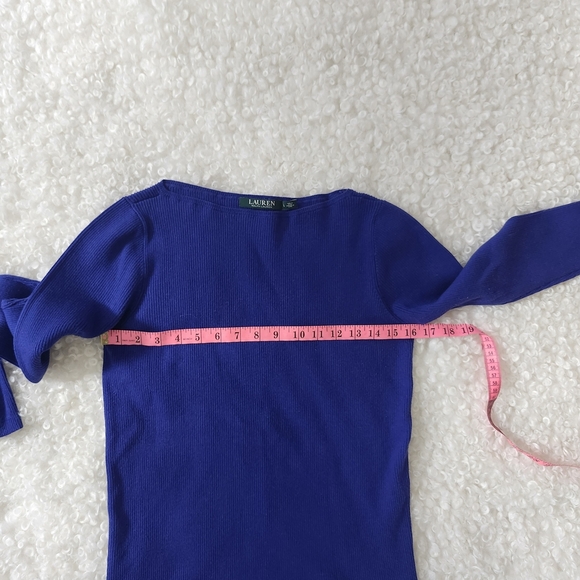 Ralph Lauren Sz L Blue Purple Fitted Bell Sleeve Ribbed Knit Pullover Flare Cuff - Picture 8 of 14
